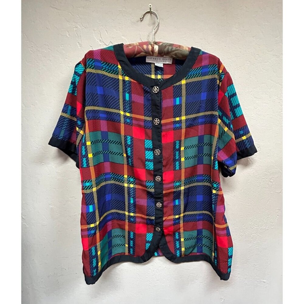 Vintage Kathryn Deene Abstract Plaid Blouse Short Sleeve Button Up Shirt 22/24